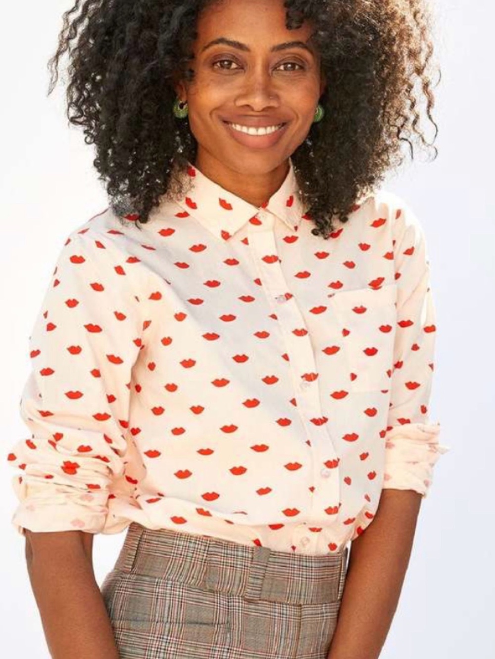 Clare V Button-Down Shirt with Red Lip Print - Picture 1 of 6